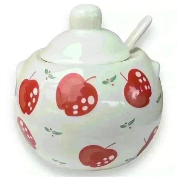 VTG Red Apple Ceramic Sugar Bowl Jam Jar - Picture 1 of 12